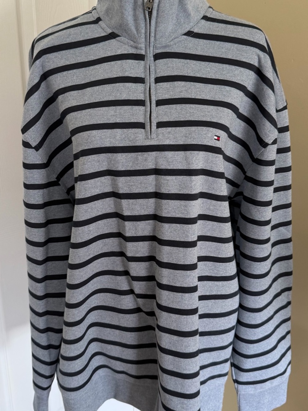 Tommy Hilfiger Men's Gray/Blue and Black Striped Quarter-Zip Sweater